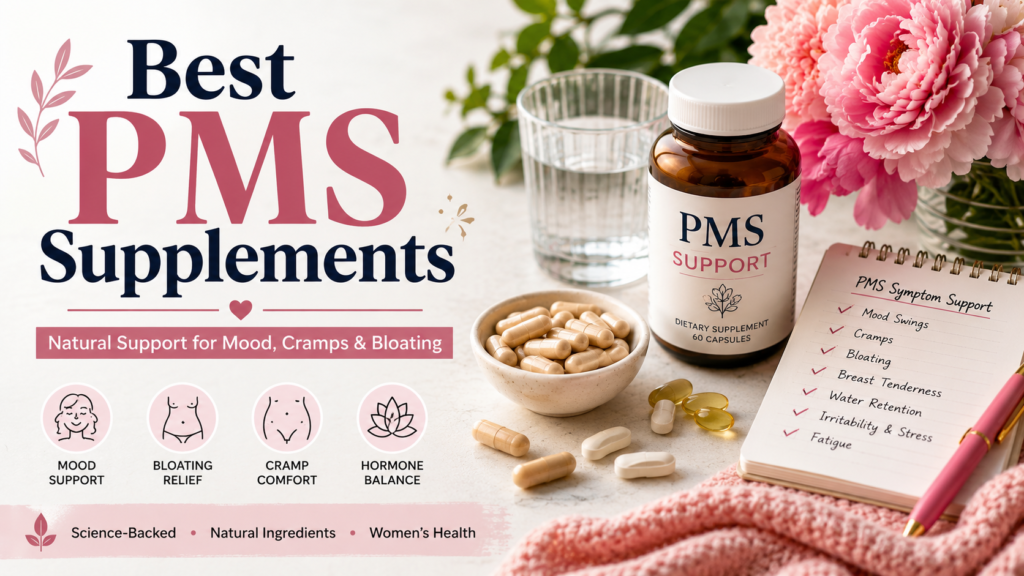 Best PMS supplements guide showing a supplement bottle, capsules, water, pink flowers, and a PMS symptom checklist for mood, cramps, bloating, and fatigue.